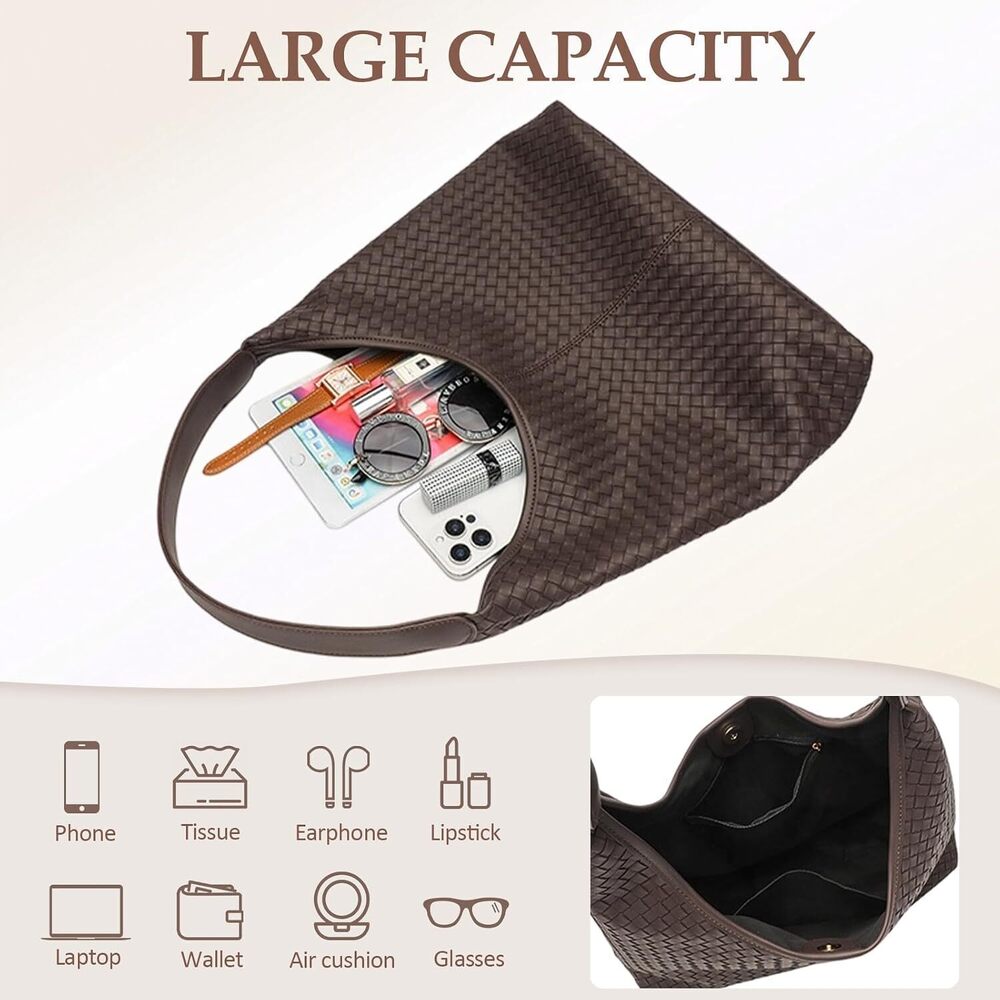 Large Woven Tote Bag for Women, Vegan Leather Hobo Purse - Picture 6 of 7